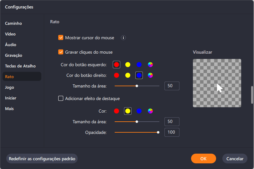 Configurações do mouse
