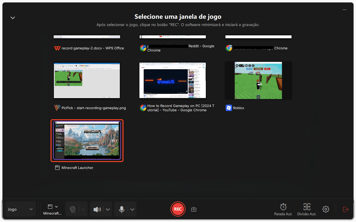 escolha uma janela de gravação de jogo
