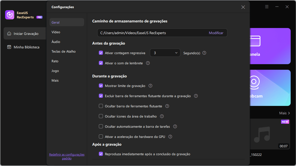 configurações do easeus recexperts