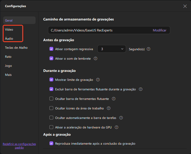 configurações de áudio e vídeo do easeus recexperts