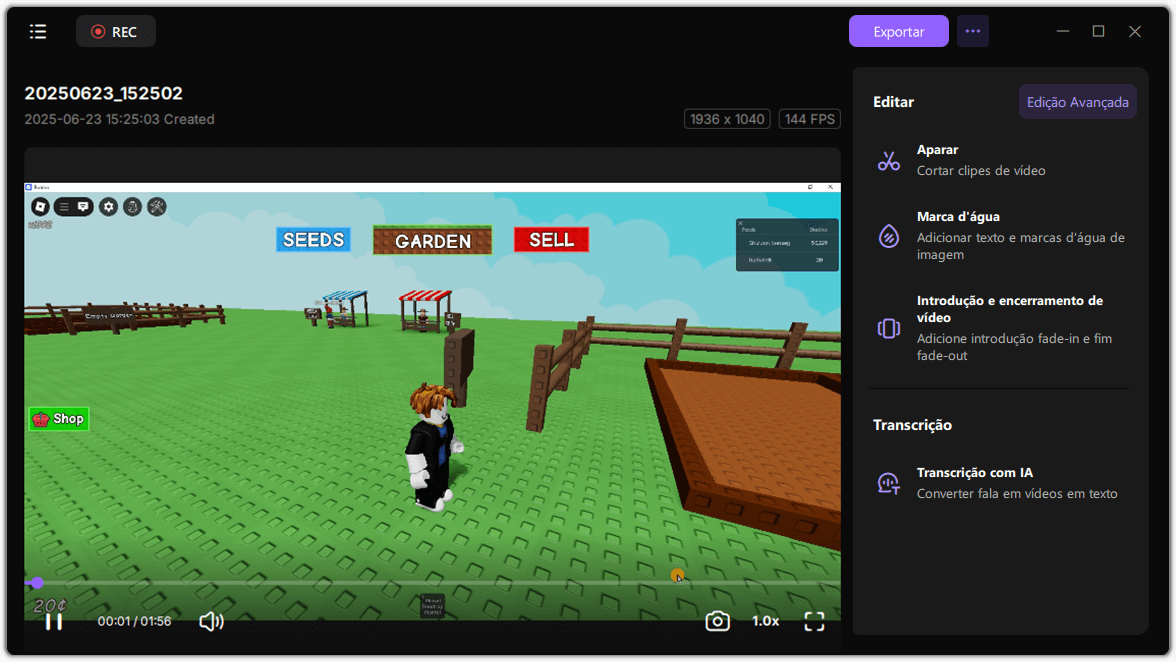 pré-visualização do vídeo do jogo gravado