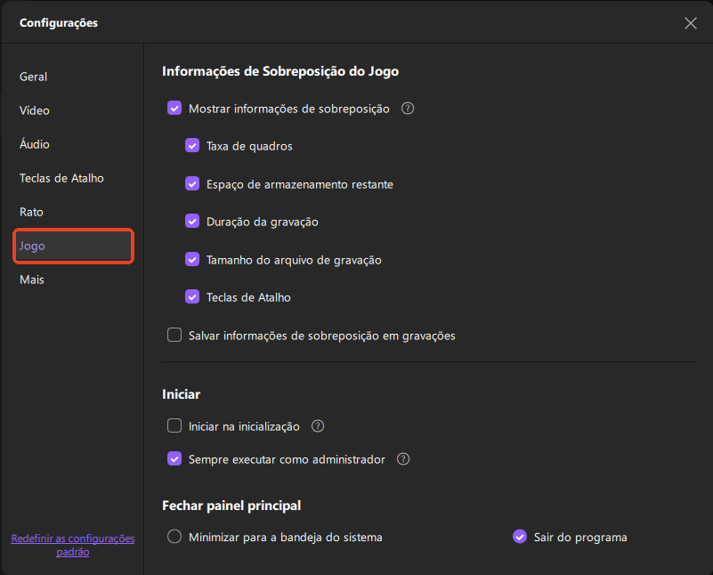 configurações de gravação de jogos recexperts