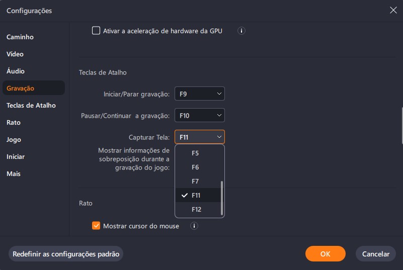 settings for hotkey