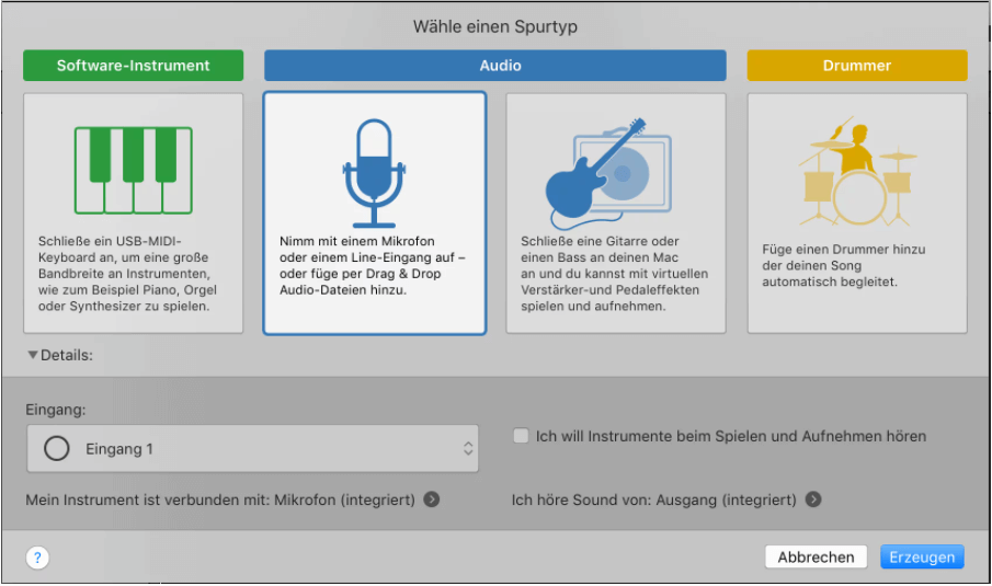 Podcast auf Mac aufnehmen - den Spurtyp auswählen