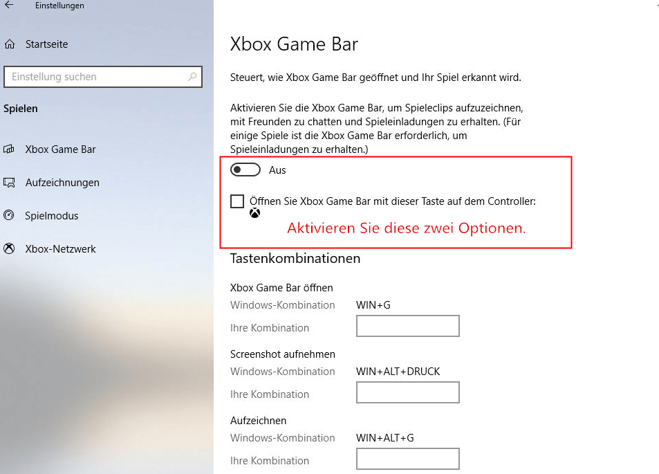Xbox Game Bar in Windows Einstellungen aktivieren