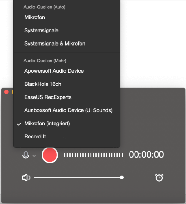 Voice-Over mit Hintergrundmusik auf Mac aufnehmen - Audioquelle auswählen.