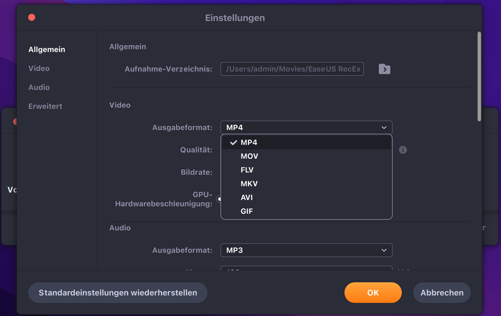 Ausgangseinstellungen