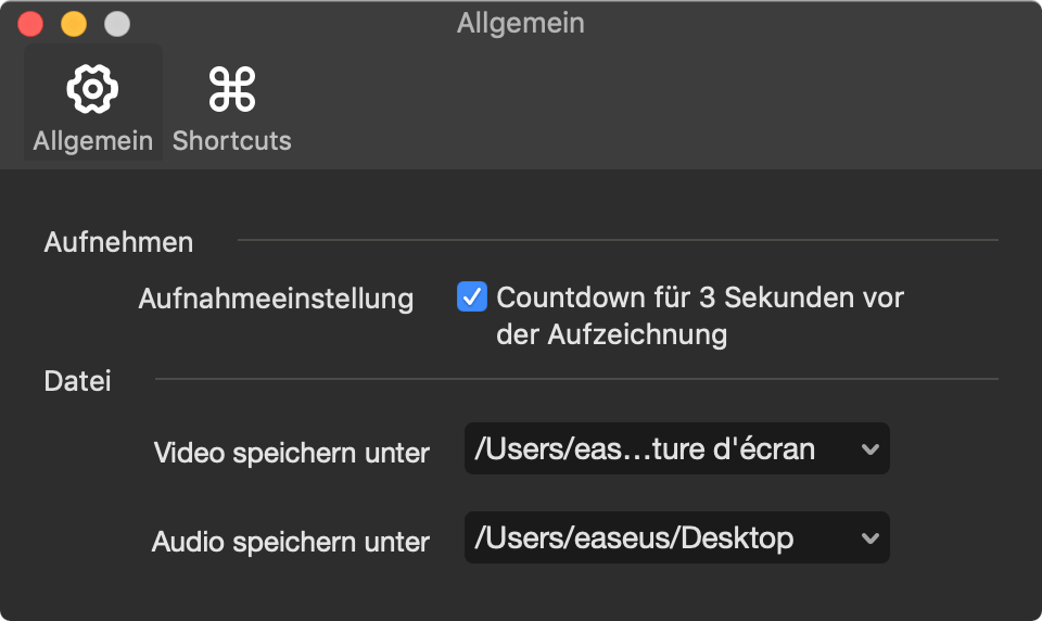 Erweiterte Einstellung von der Aufnahme