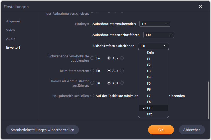 Einstellungen für Hotkey