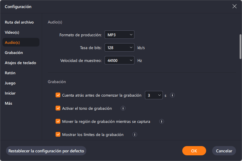 Selecciona el formato de audio de salida