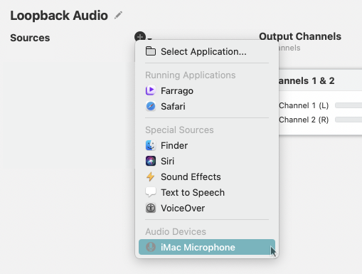 Adicione o microfone e a fonte de áudio do sistema.