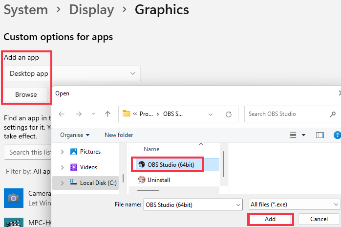 add obs to graphics settings