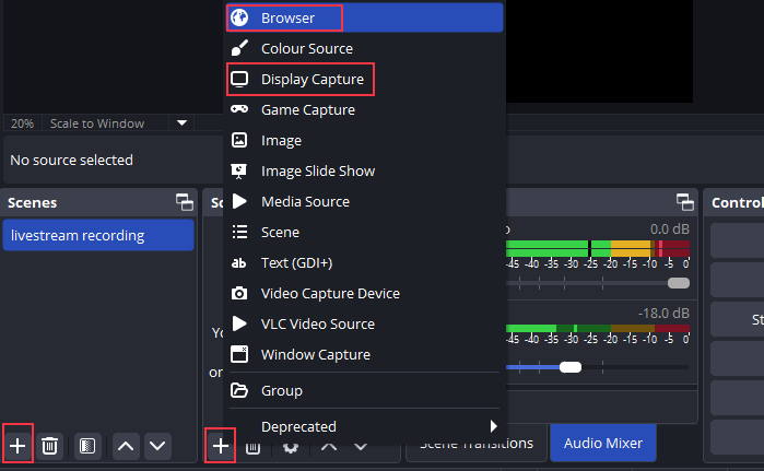 aggiungi la sorgente della scena in obs