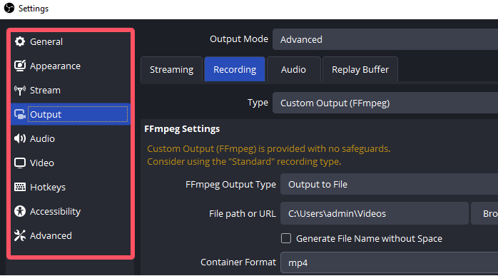 regola le impostazioni di registrazione in obs