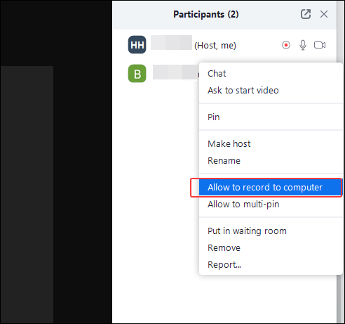 permitir zoom de gravação do participante