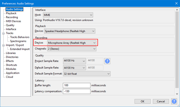 audacity audio settings blackhole