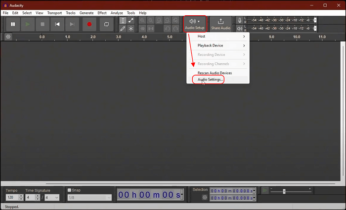 configurações de áudio do audacity
