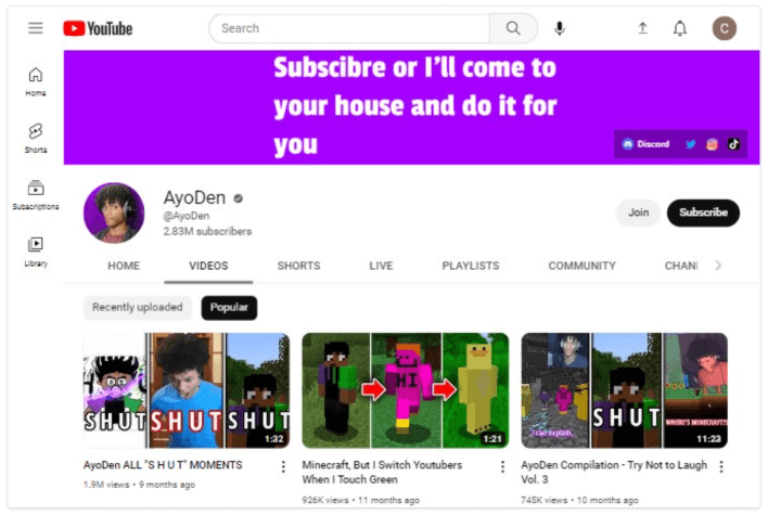 Canal AyoDen no YouTube