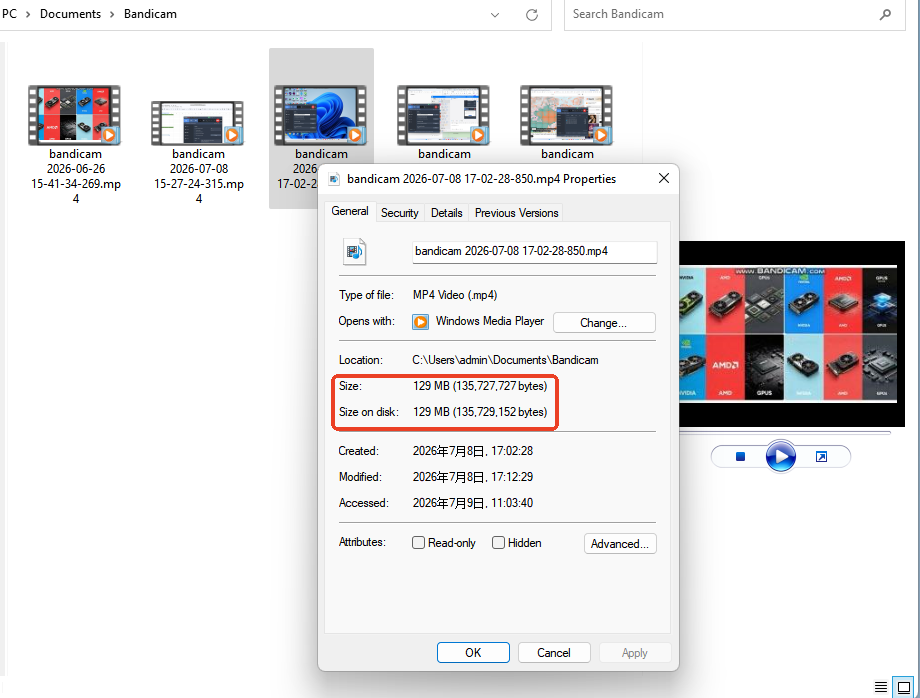 bandicam test result for file size
