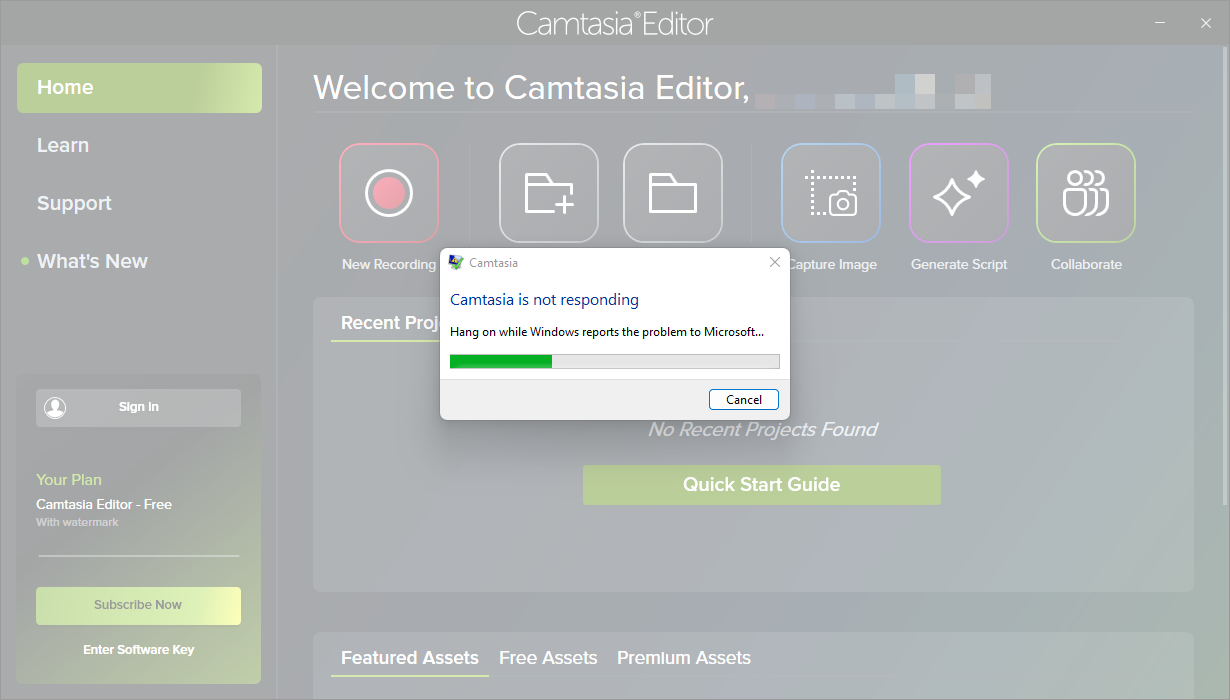 camtasia is not responding