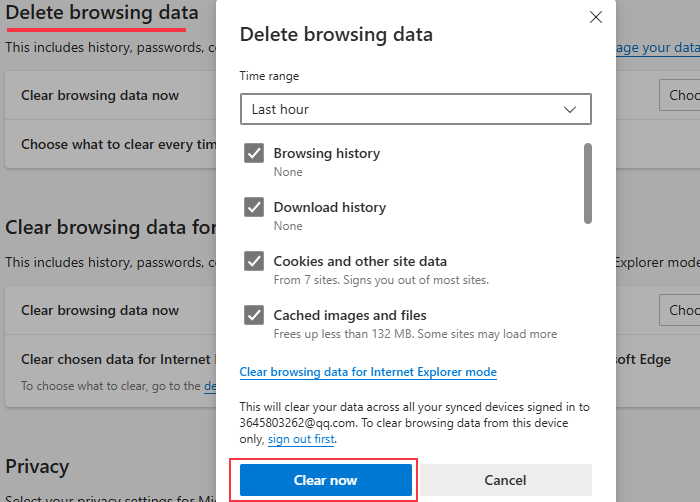 Browserdaten am Rand löschen