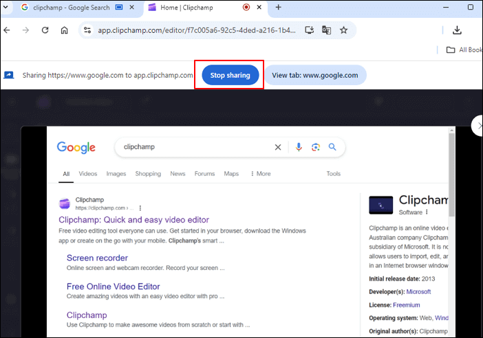 clipchamp clique em parar de compartilhar