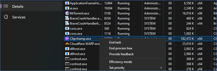 Clipchamp im Task-Manager