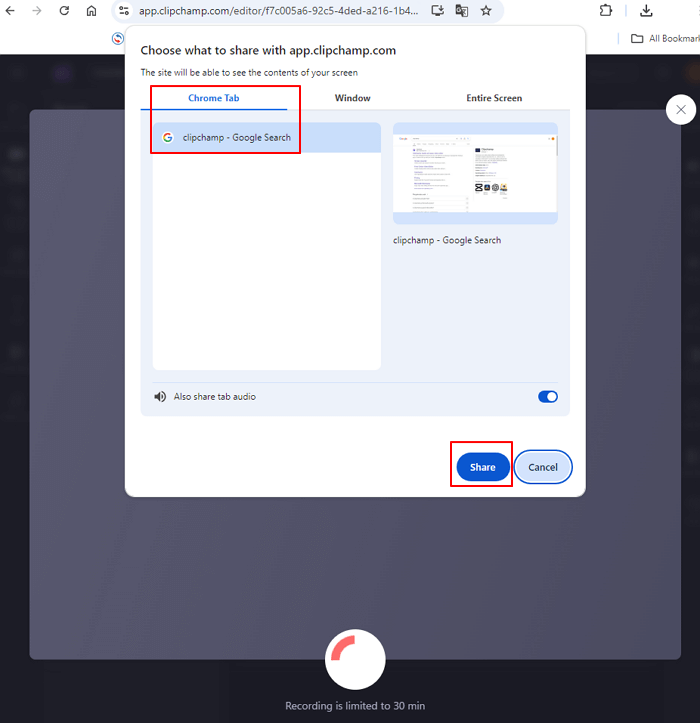clipchamp selecione a aba do chrome para gravar clique e compartilhe