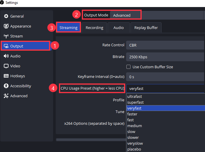 cpu usage preset obs