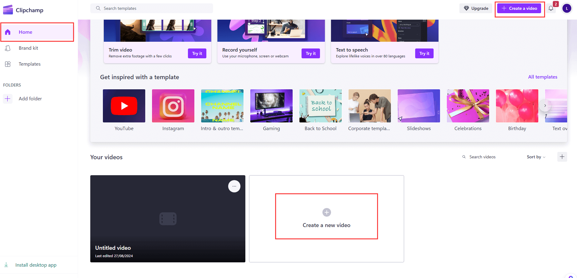 crear un nuevo vídeo con clipchamp