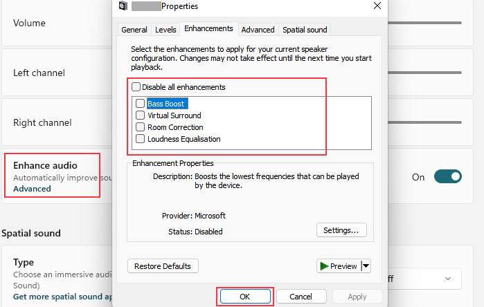 Audioverbesserung deaktivieren