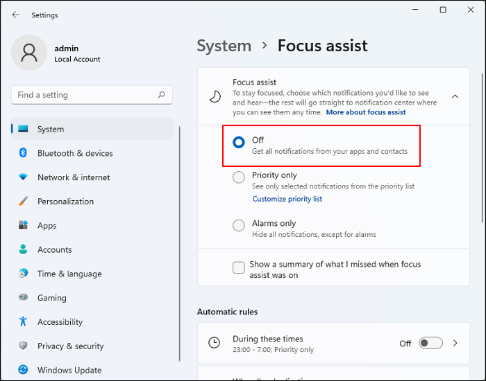 disable focus assistant