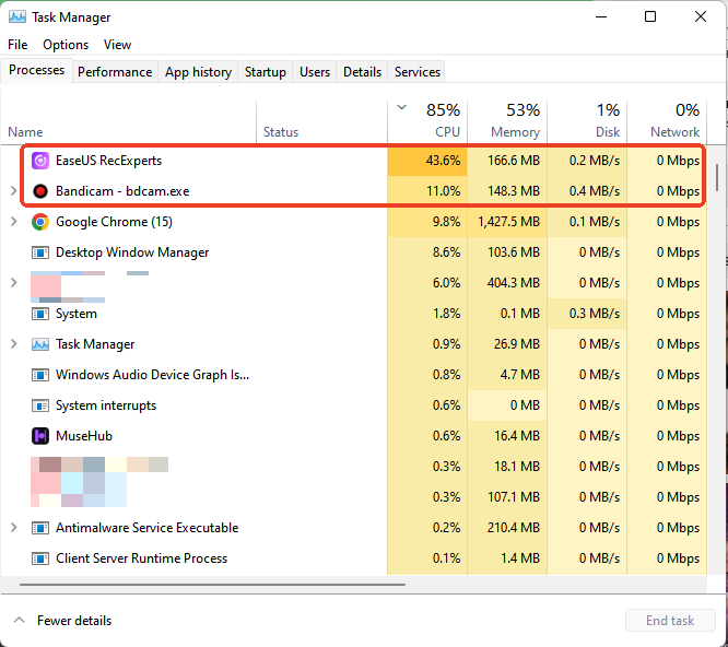 easeus bandicam cpu usage