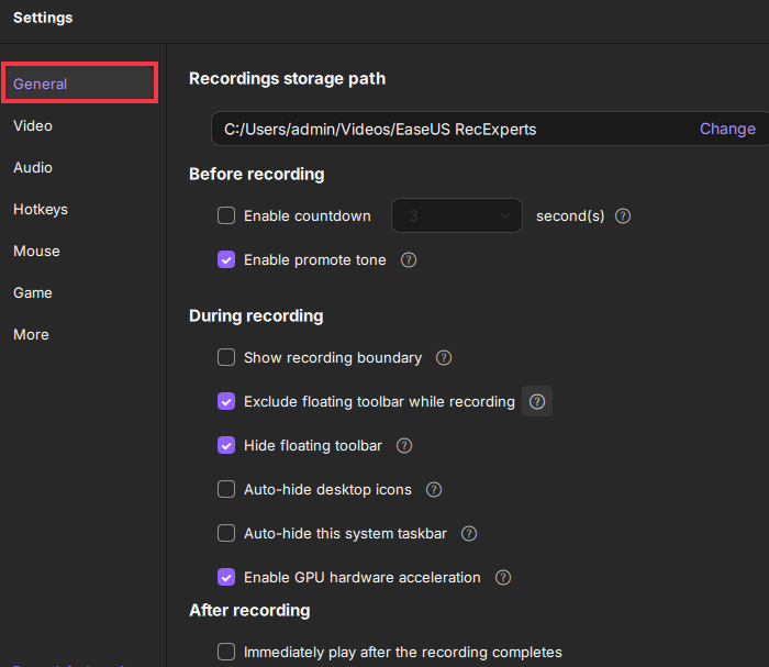 easeus general settings