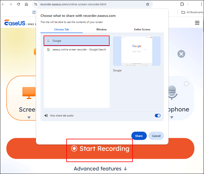 easeus online clique em iniciar gravação selecione a aba chrome para gravar