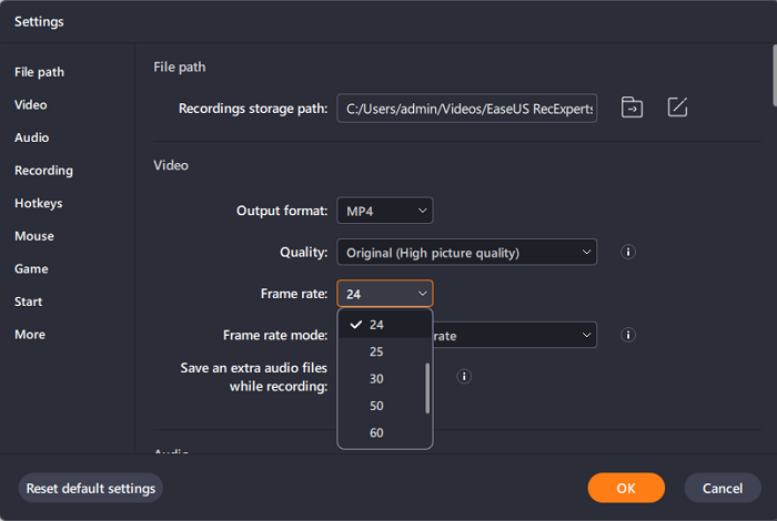 easeus recexperts velocidad de fotogramas