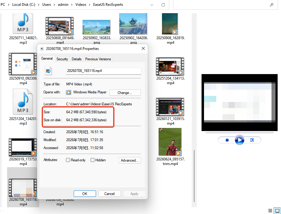 easeus recexperts test result for file size