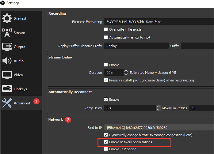 OBS'de ağ optimizasyonunu etkinleştirin