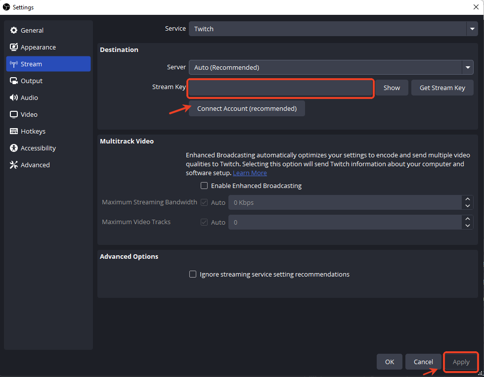 enter twich stream key obs
