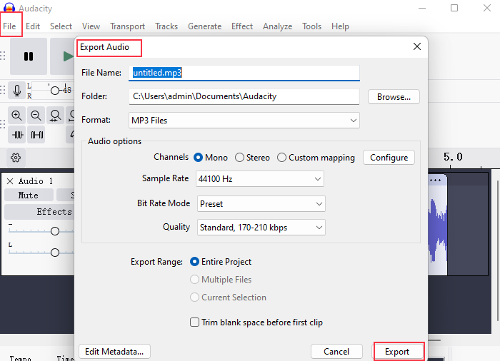 export audio recording in audacity