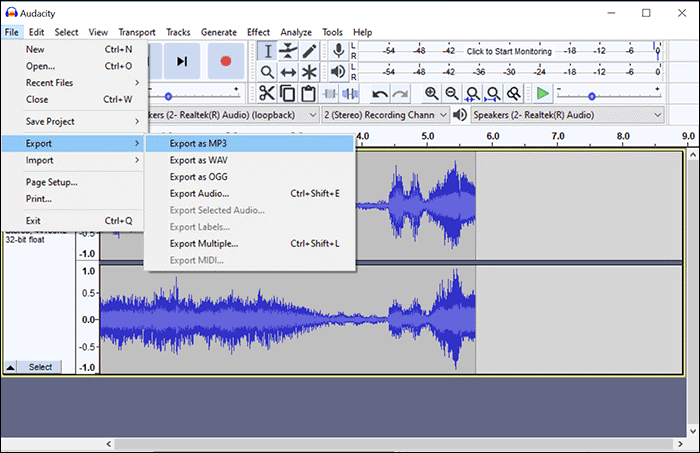 salvar formato de áudio do audacity