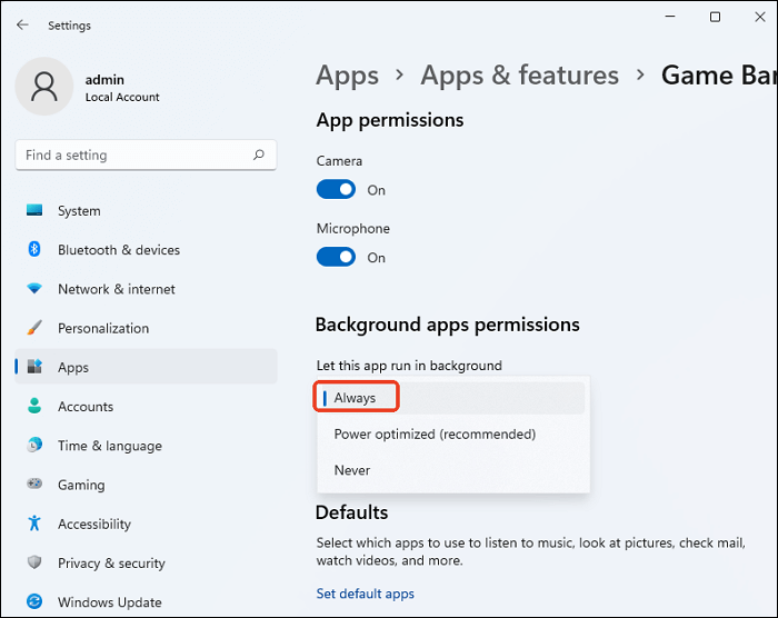 game bar always run background