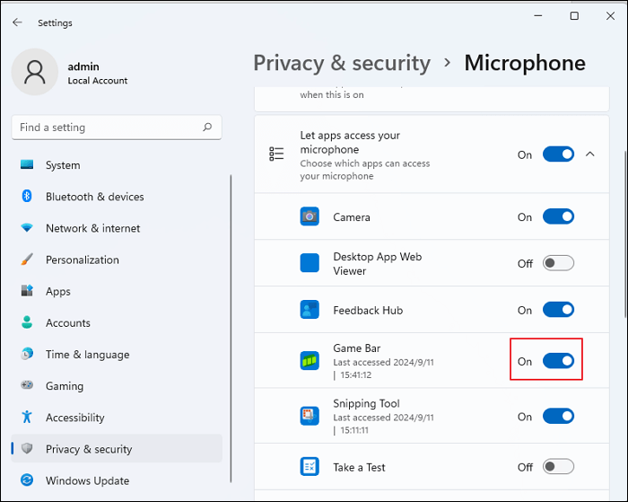 Game Bar microphone permission