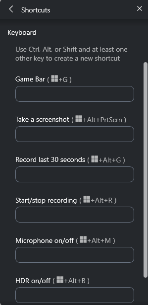 game bar shortcuts