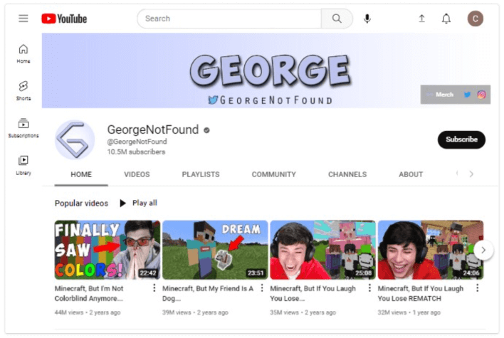 Canal GeorgeNotFound no YouTube
