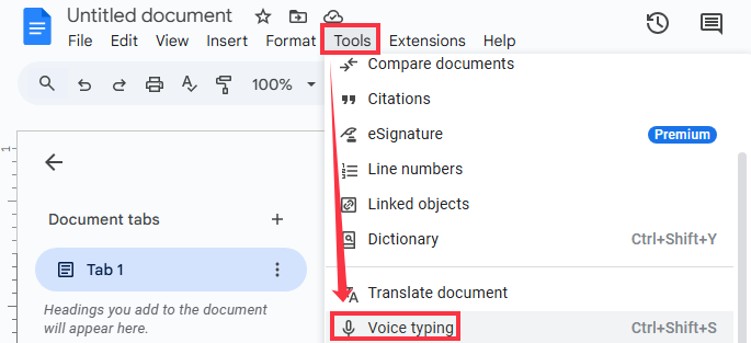 ferramenta de digitação por voz do Google Docs