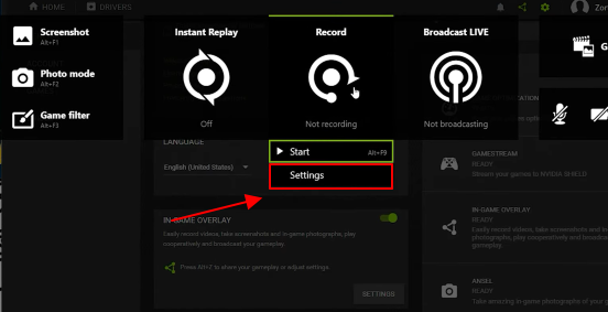 in game overylay recording settings