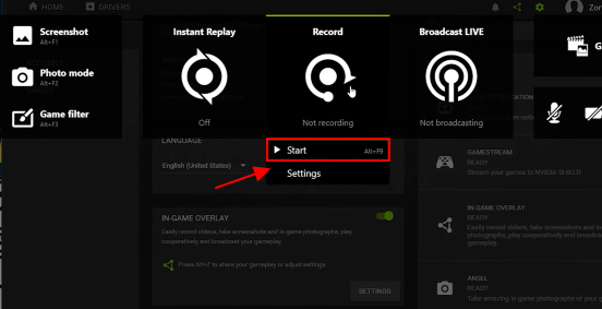 in game overylay recording start