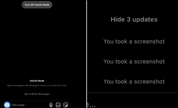 Notifica screenshot di Instagram in modalità Vanish