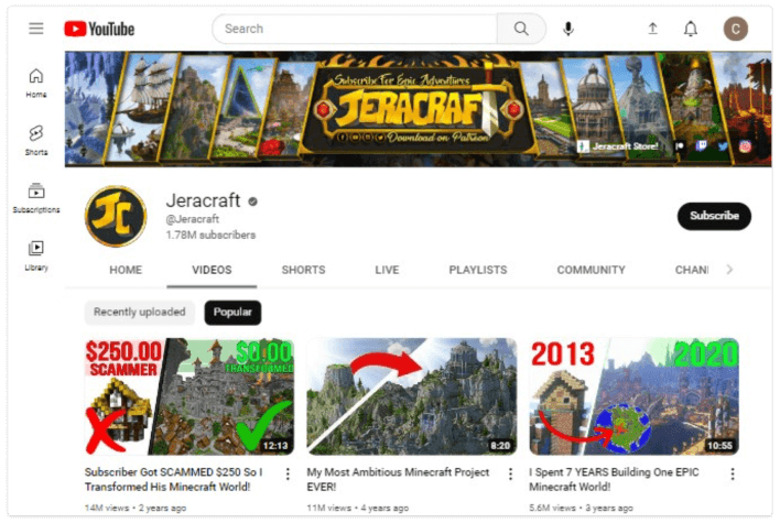 Canal Jeracraft no YouTube